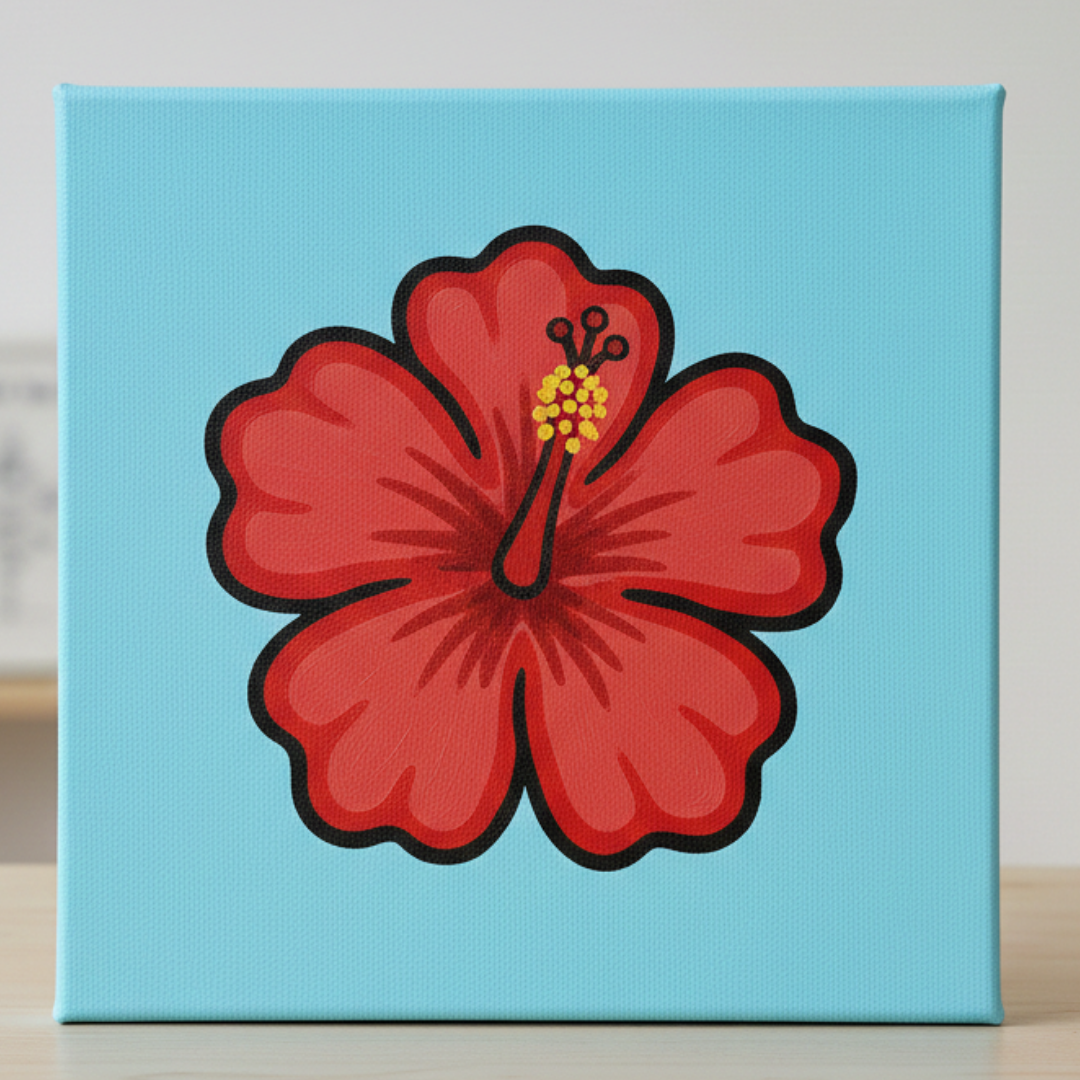 A vibrant red hibiscus flower with a yellow center on a solid light blue canvas background.