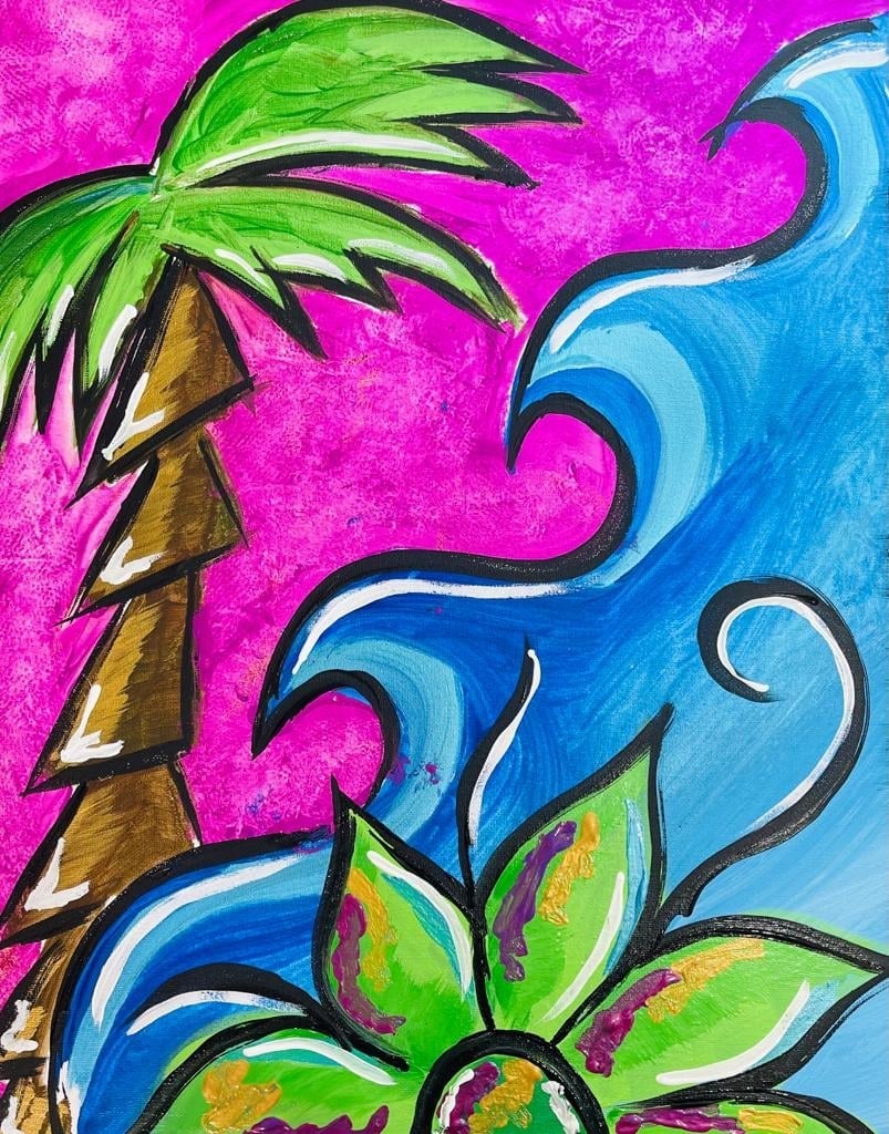 A tropical beach scene with a brown palm tree and a blue curling wave against a bright magenta sky.