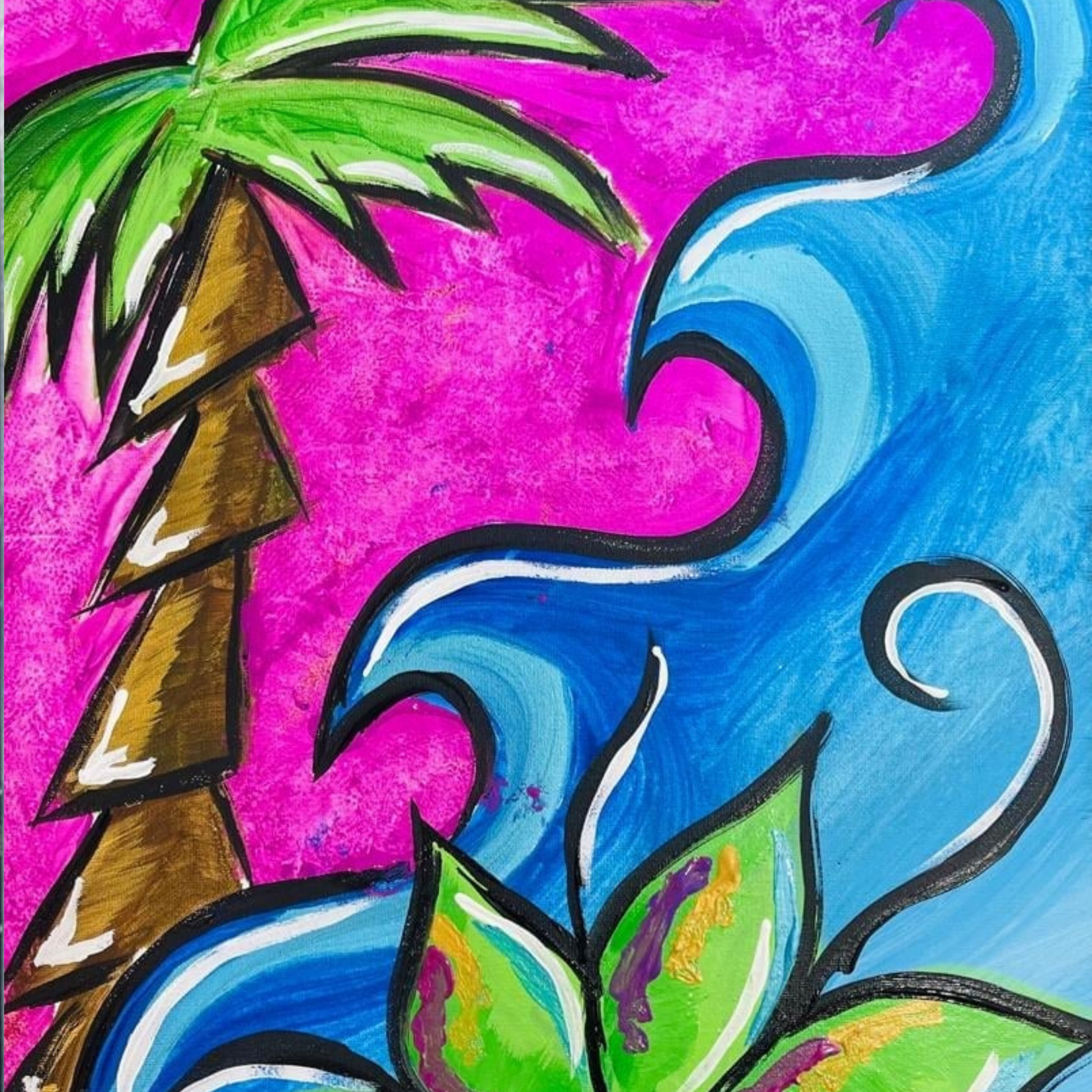 A tropical beach scene with a brown palm tree and a blue curling wave against a bright magenta sky.