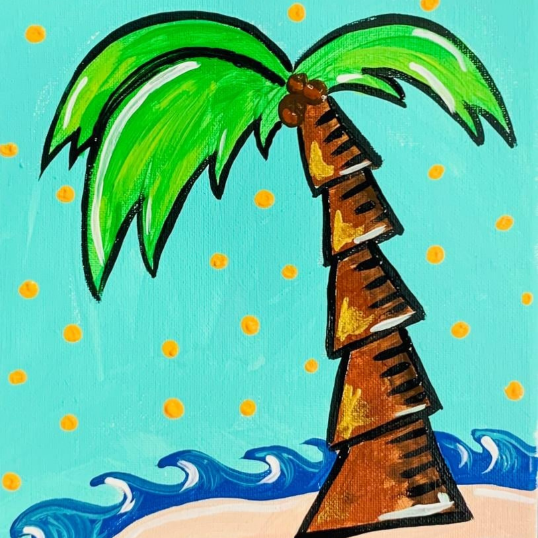 A tropical palm tree on a beach with bright blue ocean waves and a colorful pink and teal sky painted on a canvas