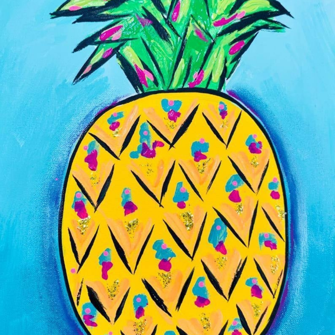 A bright yellow pineapple painting with colorful pink, blue, and gold abstract details on a blue background on a canvas