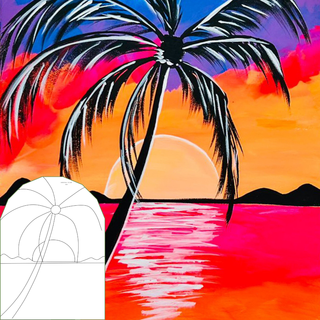 DIY painting of a tropical sunset with a palm tree silhouette on canvas or tote bag.