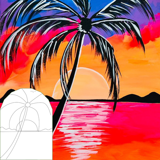 DIY painting of a tropical sunset with a palm tree silhouette on canvas or tote bag.