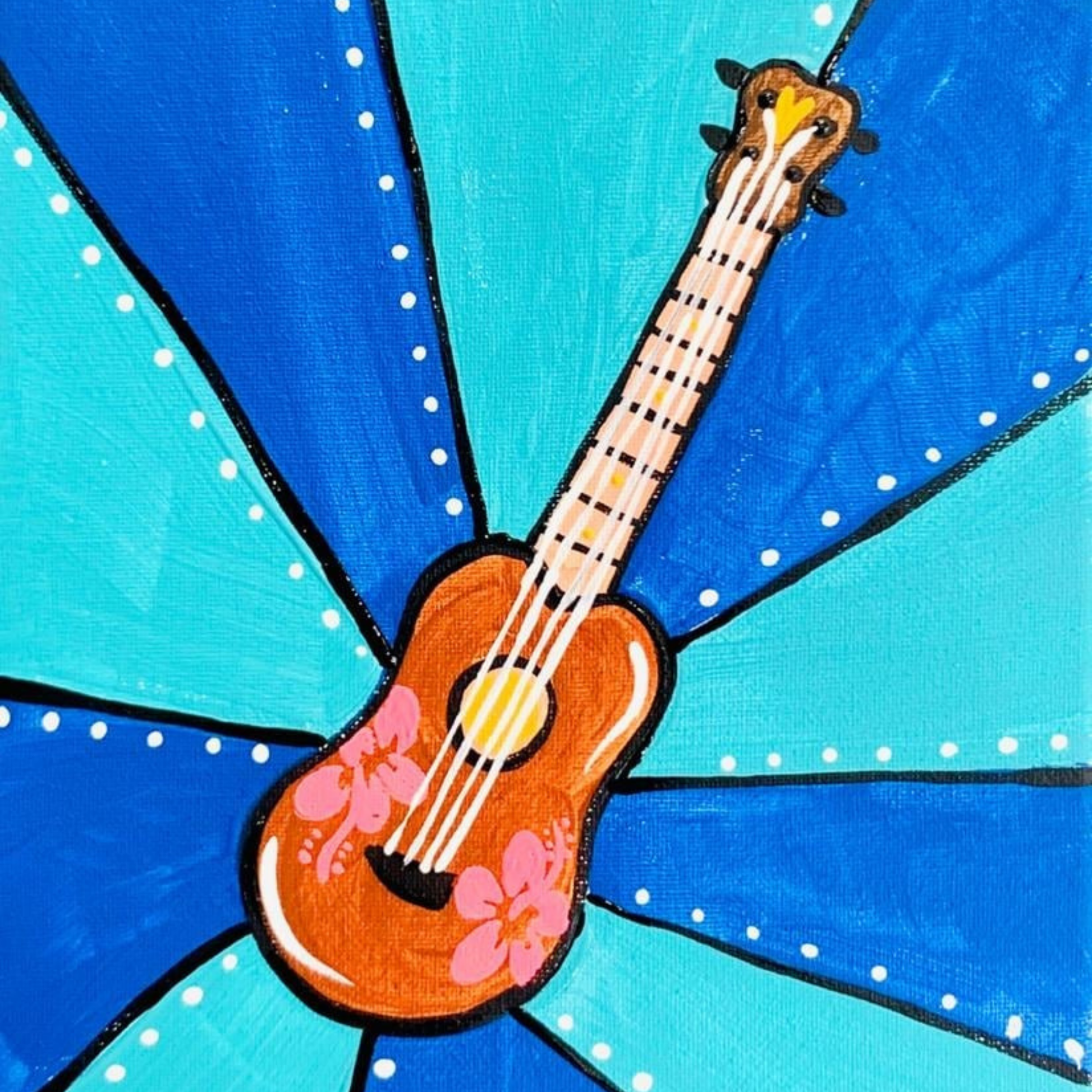 A brown ukulele with pink hibiscus flowers centered on a blue and teal sunburst background.