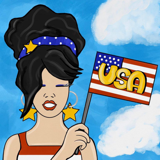 USA Lady Patriotic DIY Paint Kit on canvas with a bold woman with blue star headband, gold star earrings, and USA flag against blue sky canvas painting by Simply Aloha On The Go