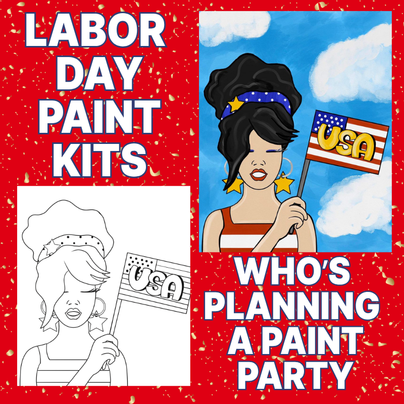 Labor Day paint kits promotional flyer A woman holding a USA flag, and a colored illustration of a woman with a blue headband and stars holding a USA flag.