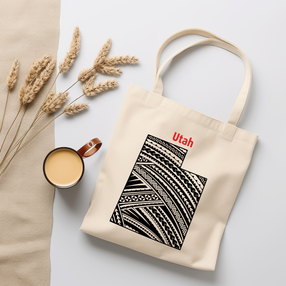 Utah-A double-sided, eco-friendly Polynesian Pride tote bag featuring a tribal map design from the 50 State Tribal Map Collection