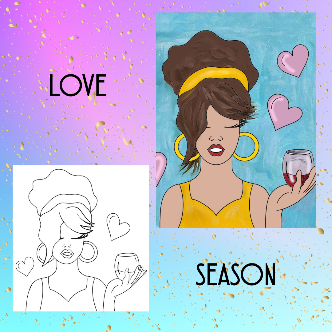 Woman holding a glass of wine with hearts and LOVE SEASON'text on a colorful background.