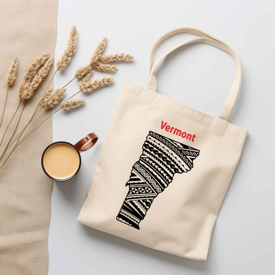 Vermont-A double-sided, eco-friendly Polynesian Pride tote bag featuring a tribal map design from the 50 State Tribal Map Collection
