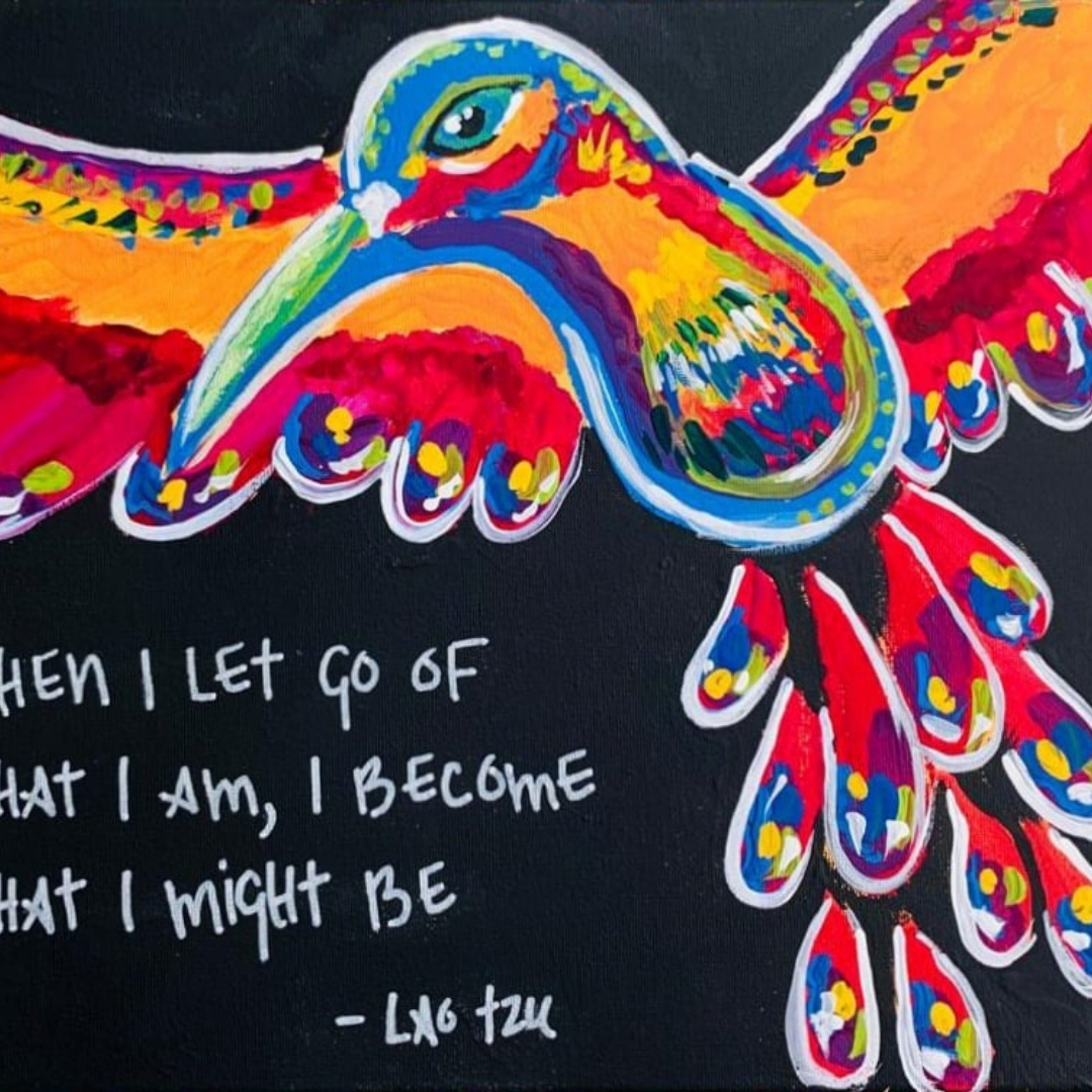 A vibrant colorful bird illustration with a black background and a quote by Lao Tzu.