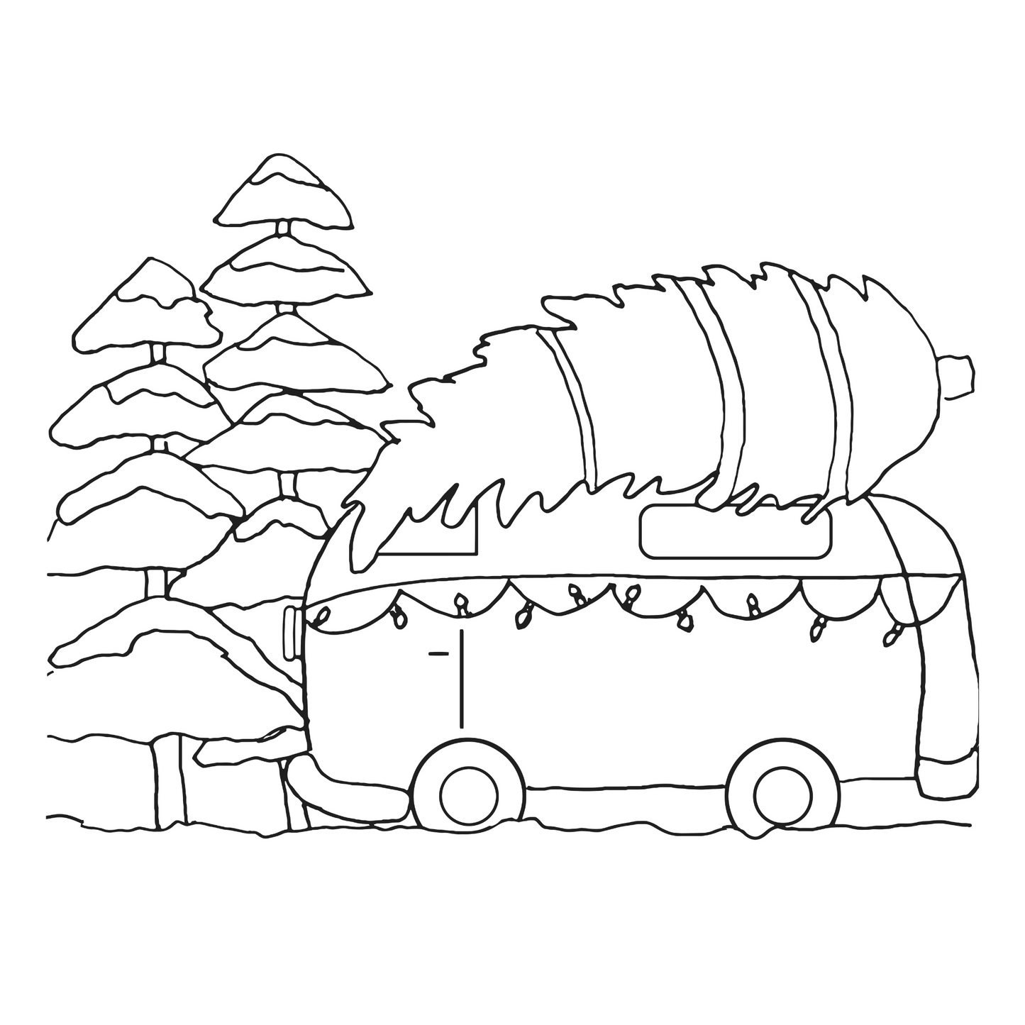 Outline drawing of a Christmas-themed food truck with trees in the background