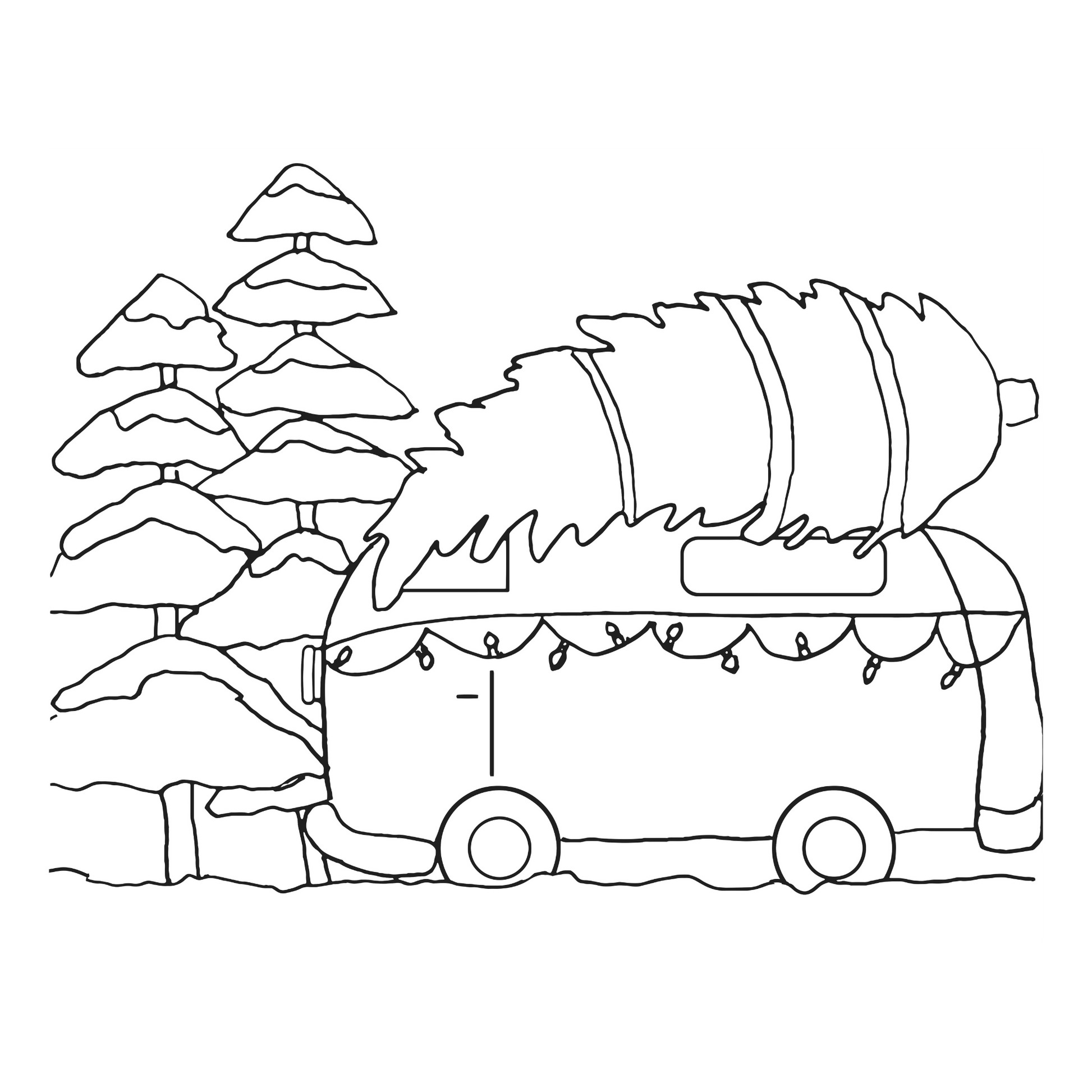 Outline drawing of a Christmas-themed food truck with trees in the background