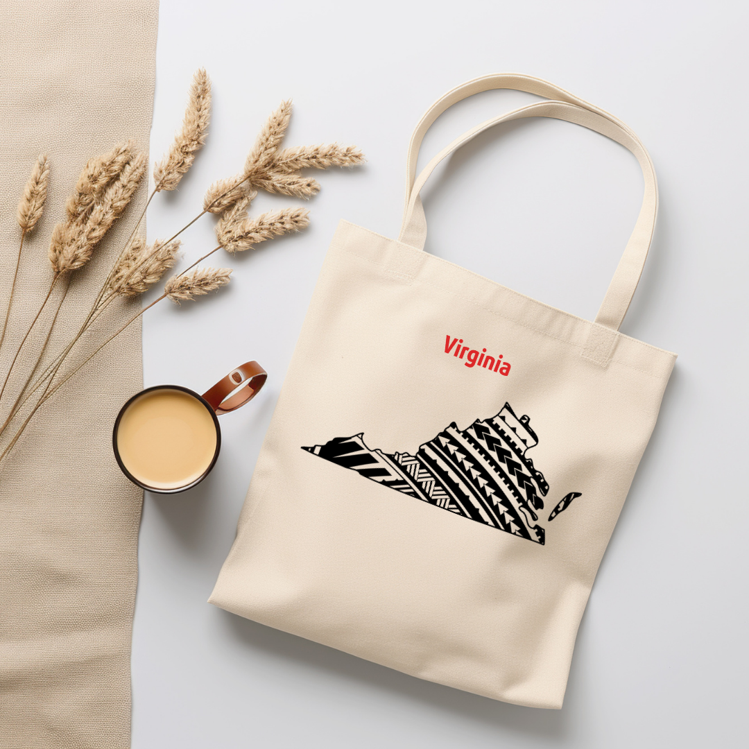 Virginia-A double-sided, eco-friendly Polynesian Pride tote bag featuring a tribal map design from the 50 State Tribal Map Collection