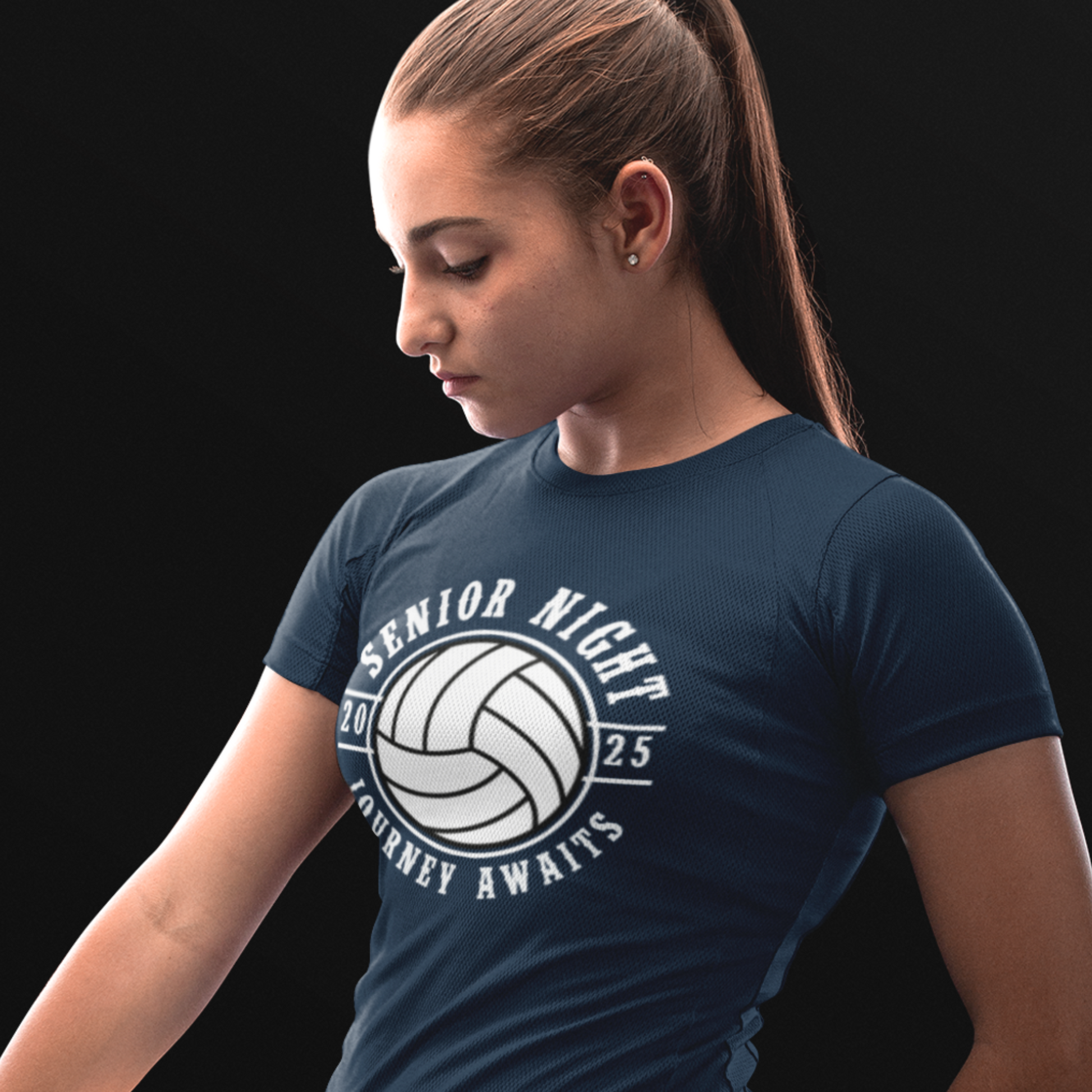 Custom 2025 Senior Night sports blue tee-featuring volleyball with personalized design, perfect for celebrating senior athletes and teams. Unique and memorable custom shirts for sports events. Order ours today!