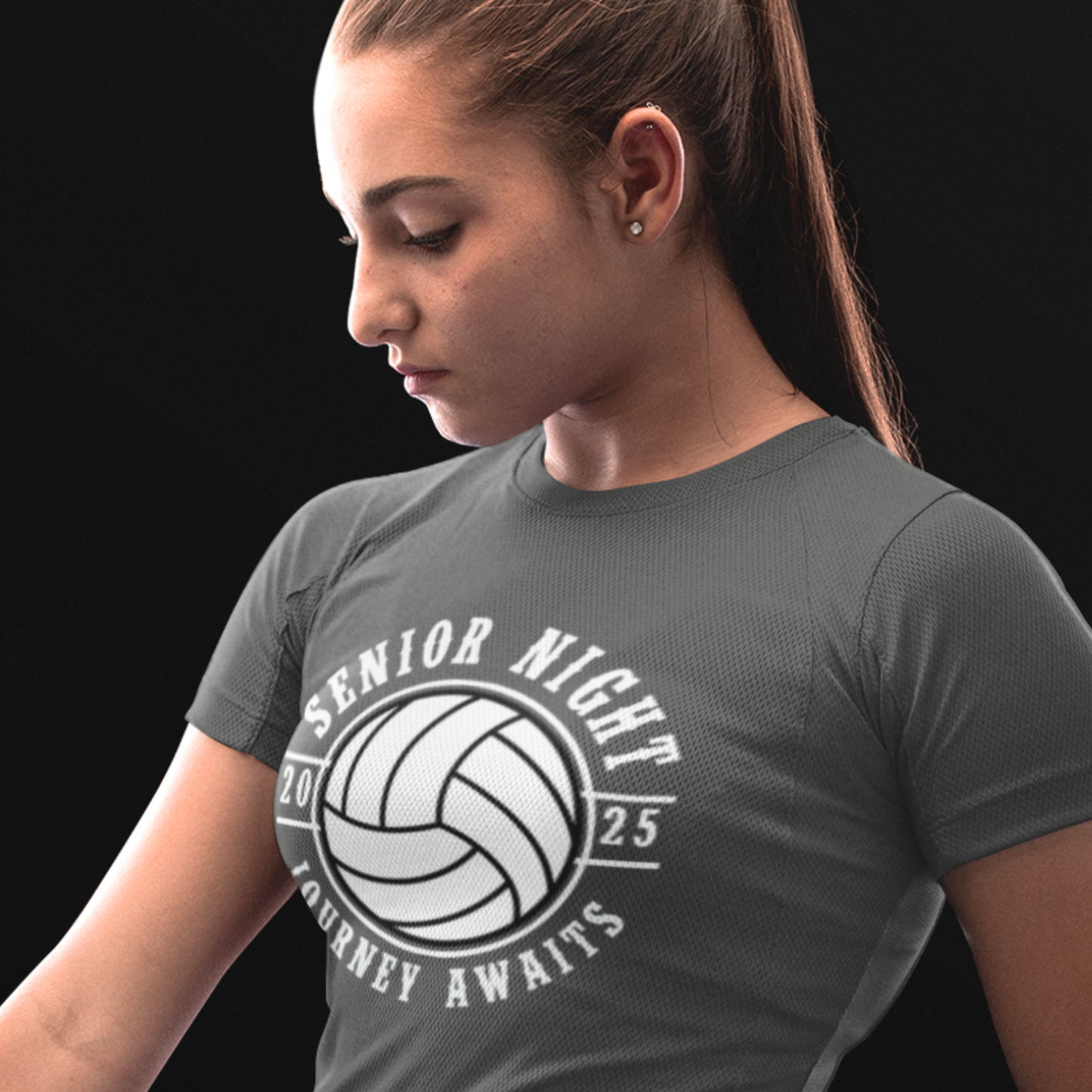 Custom 2025 Senior Night sports grey tee-featuring volleyball with personalized design, perfect for celebrating senior athletes and teams. Unique and memorable custom shirts for sports events. Order ours today!