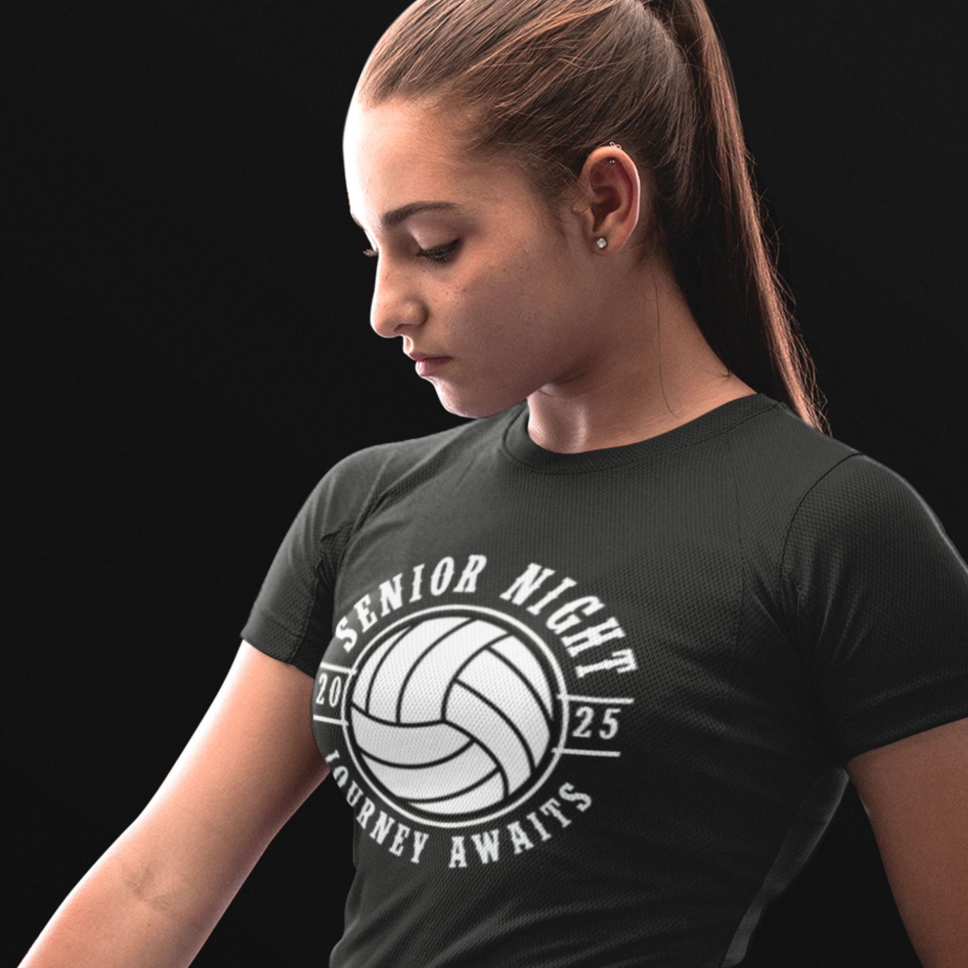 Custom 2025 Senior Night sports black tee-featuring volleyball with personalized design, perfect for celebrating senior athletes and teams. Unique and memorable custom shirts for sports events. Order ours today!