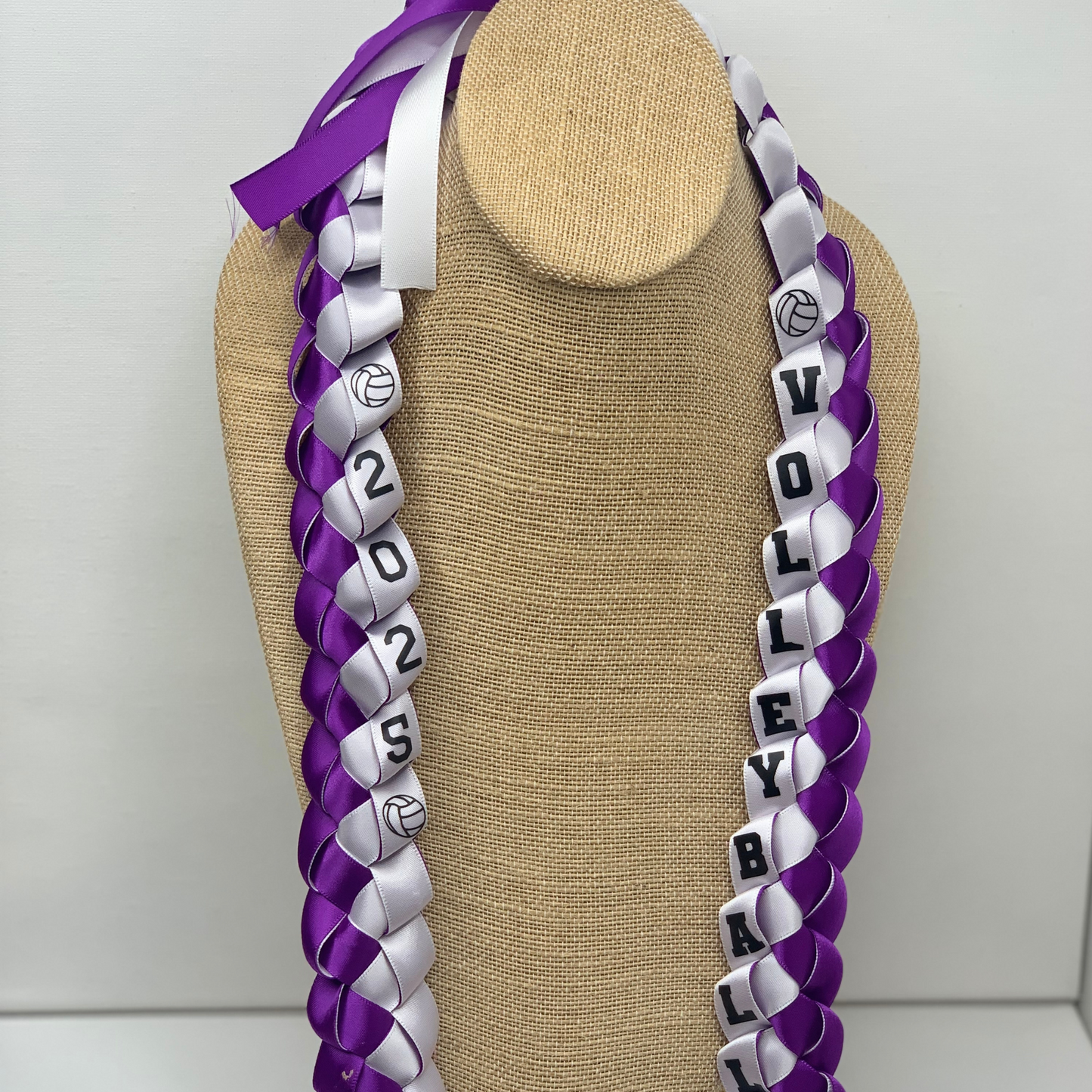 Custom volleyball senior night ribbon leis, personalized with athlete's name and jersey number 