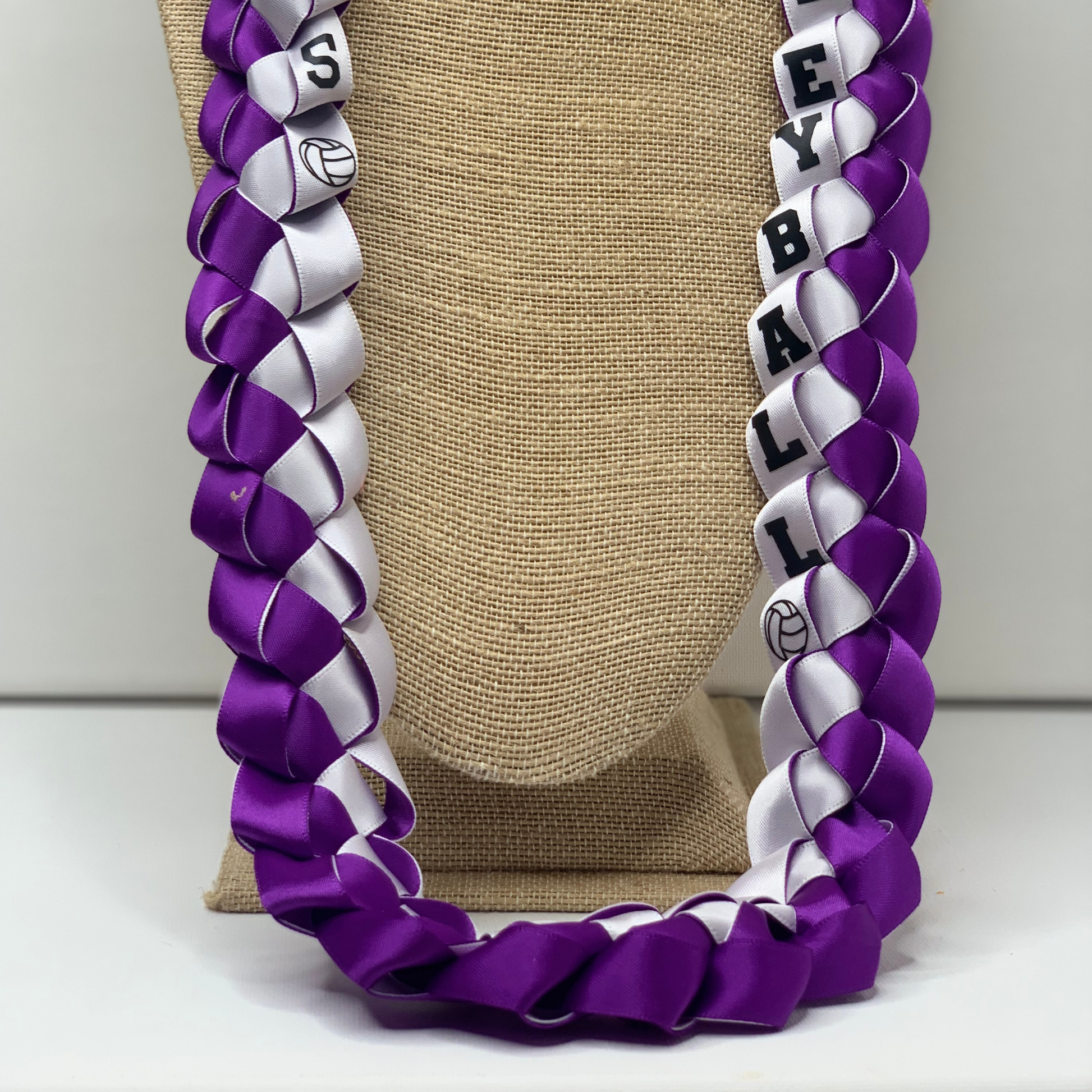 Custom volleyball ribbon lei in team colors for 2026 senior night. Handmade sports gift of Aloha by Simply Aloha On The Go, AZ.