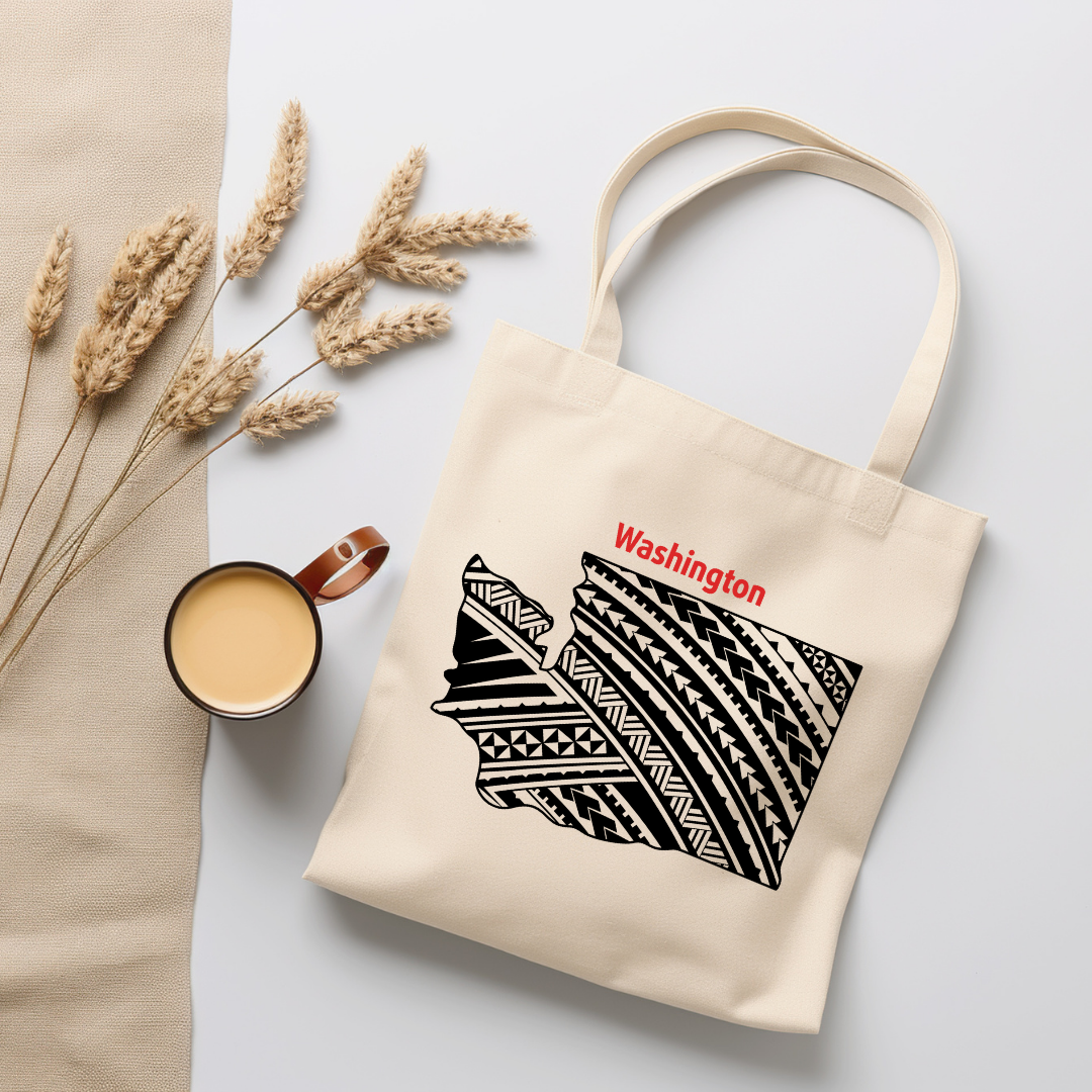 Washington-A double-sided, eco-friendly Polynesian Pride tote bag featuring a tribal map design from the 50 State Tribal Map Collection