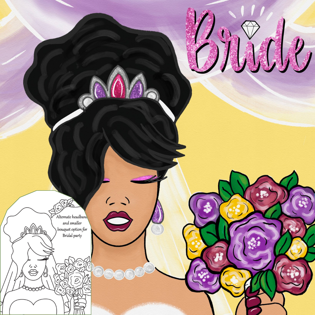 Illustration of a bride with flowers and tiara perfect for a group brida paint party
