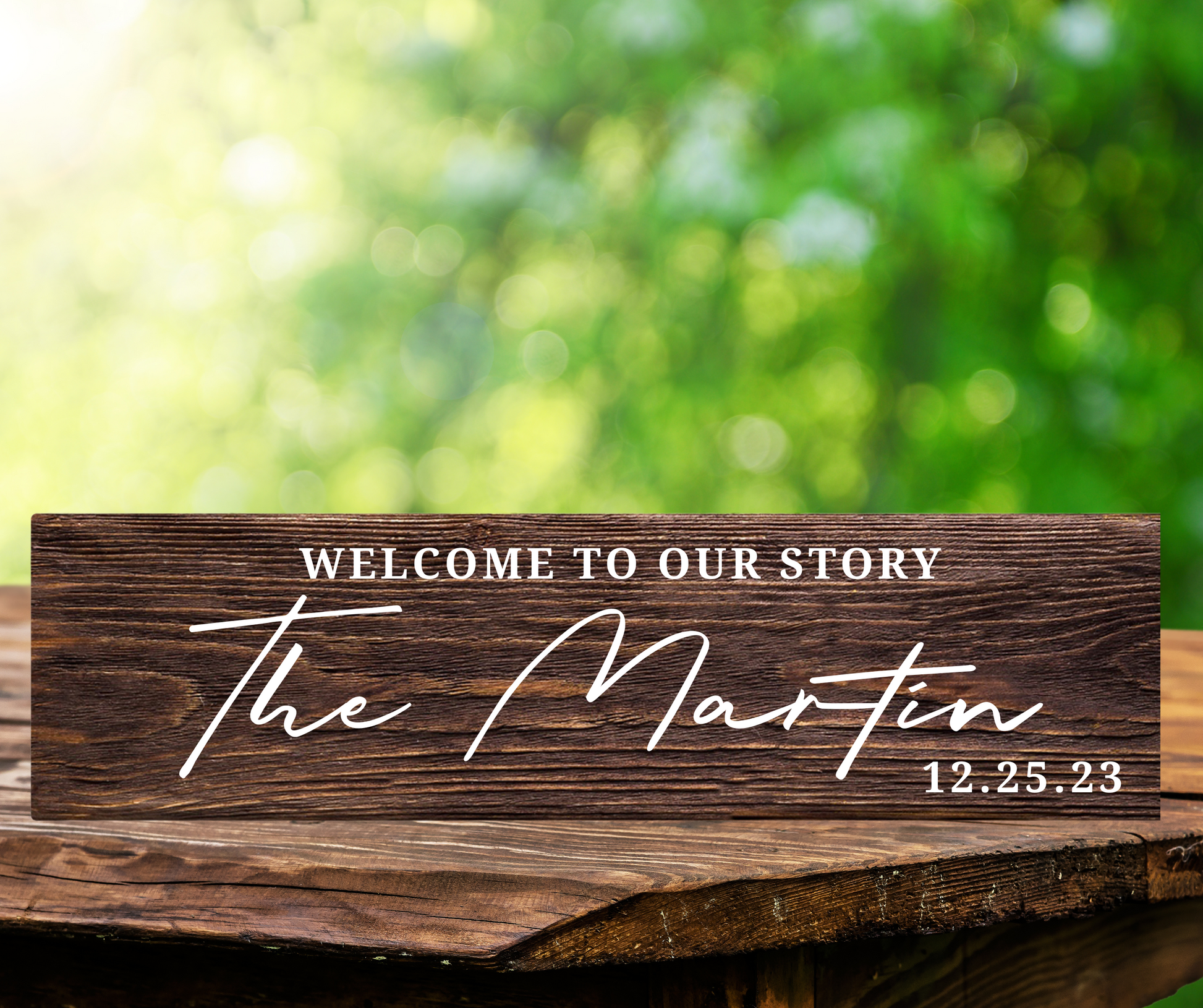 Personalized 'Welcome to Our Story' wood sign, custom home decor, elegant design with last name and est year. Perfect gift idea for the groom and bride.