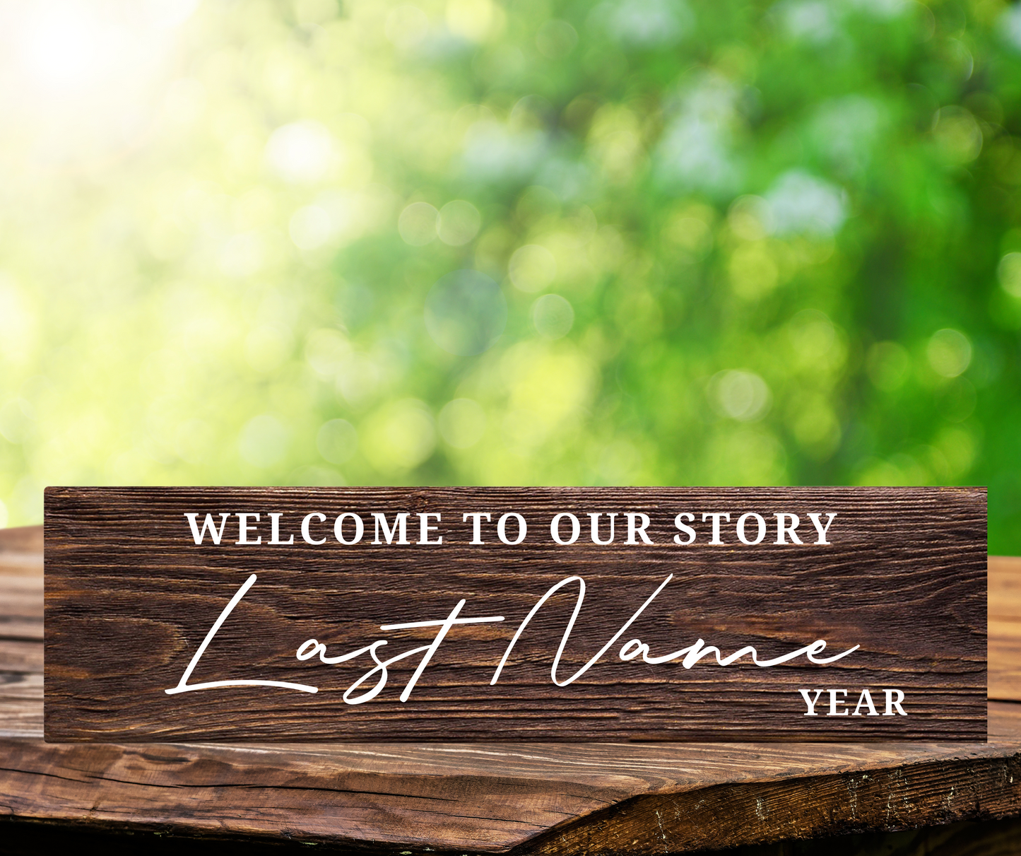 Personalized wood wall sign with Welcome To Our Story quote, rustic keepsake decor. Perfect gift idea for the groom and bride, anniversay, housewarming, or new home.