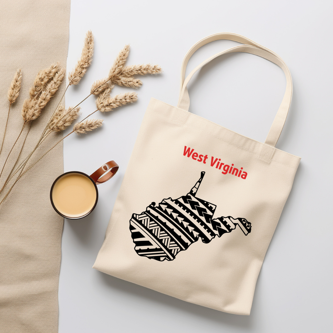 West Virginia-A double-sided, eco-friendly Polynesian Pride tote bag featuring a tribal map design from the 50 State Tribal Map Collection