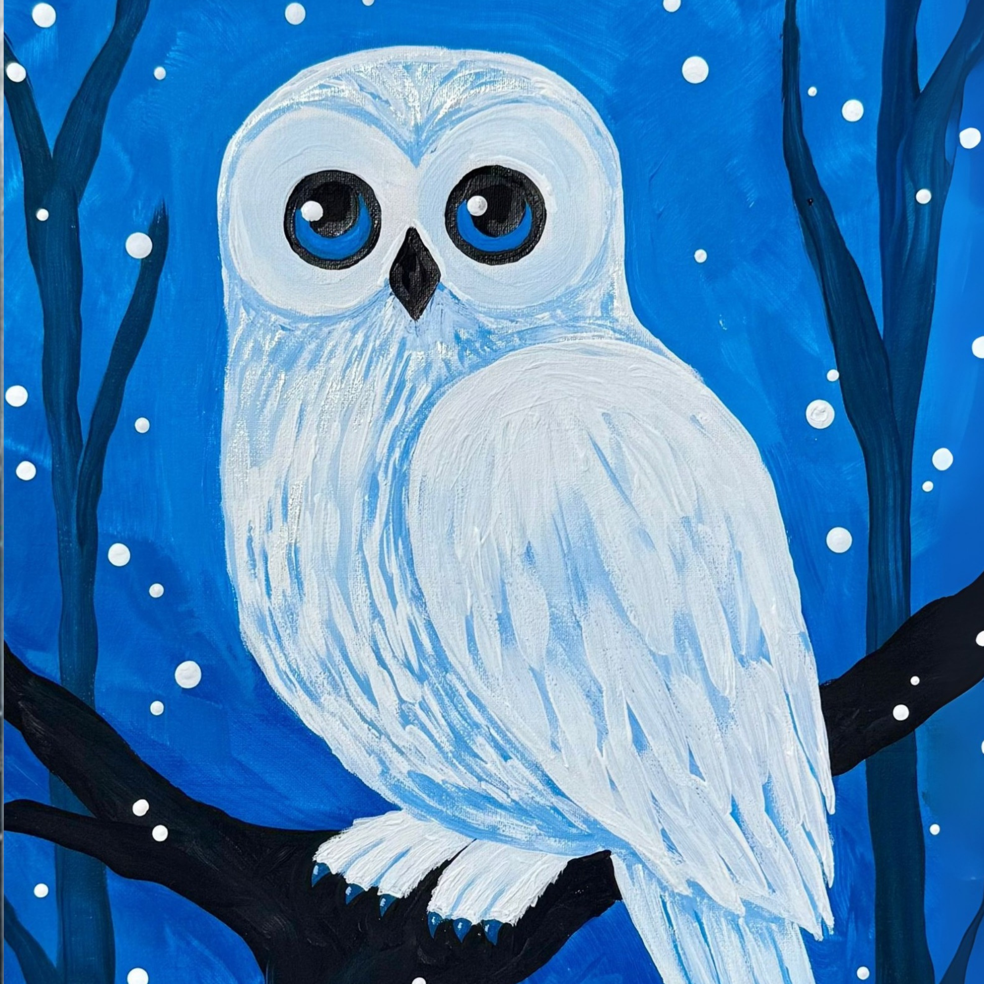 A white snowy owl with blue eyes perched on a black branch in a starry blue night forest.