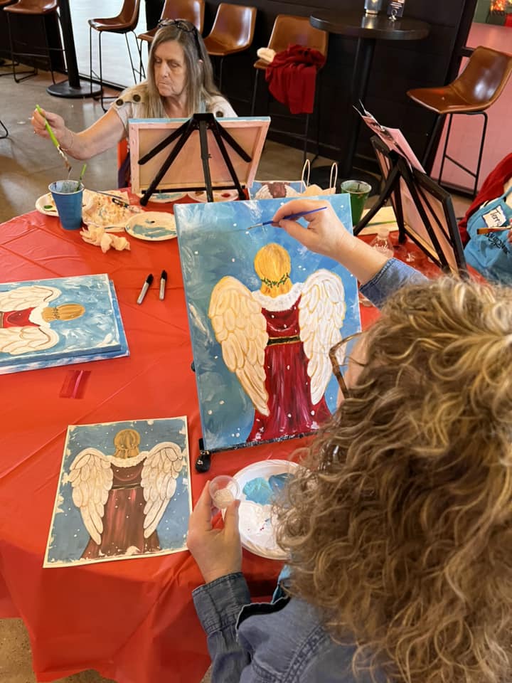 GIrls' night Paint Party angel-themed paint party with family and friends.
