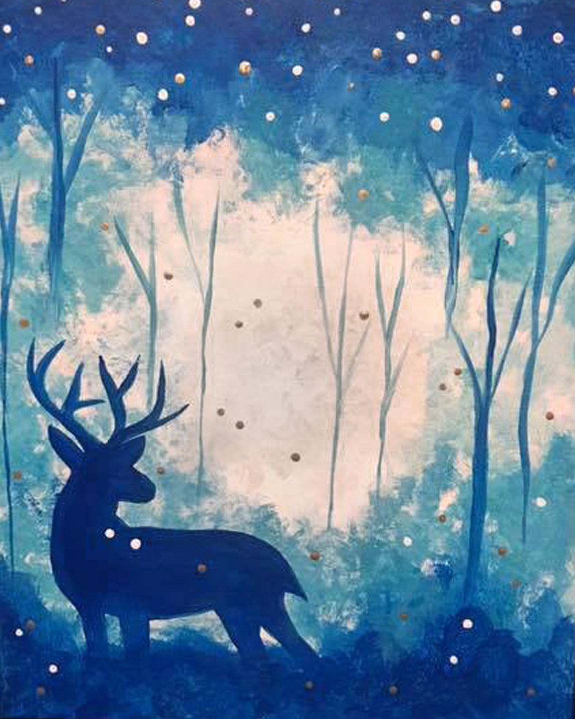 Blue silhouette of a deer in a snowy forest under a starry sky — Winter Deer DIY paint kit