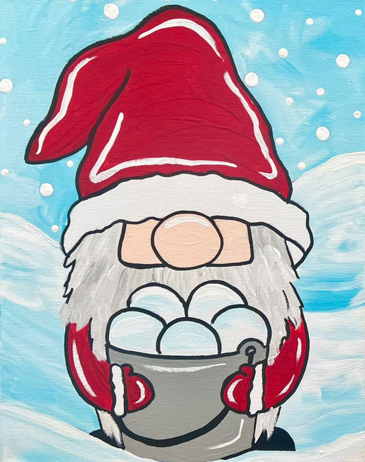 A hand-painted festive winter gnome holding a bucket of snowballs, perfect for a holiday-themed mobile paint party in Arizona.