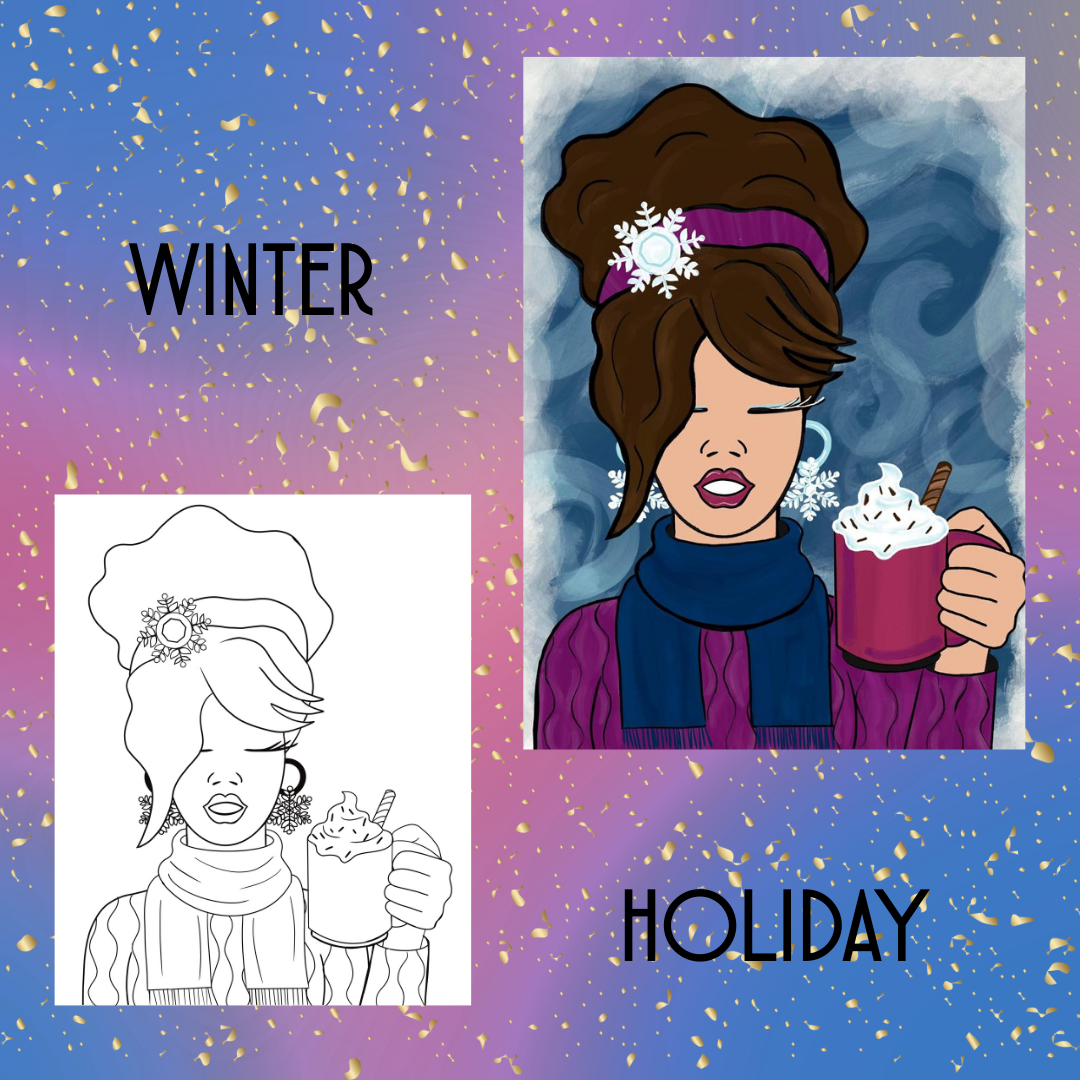 A "Winter" themed art kit featuring a woman in a purple sweater and blue scarf, wearing snowflake accessories and holding a mug of hot cocoa.