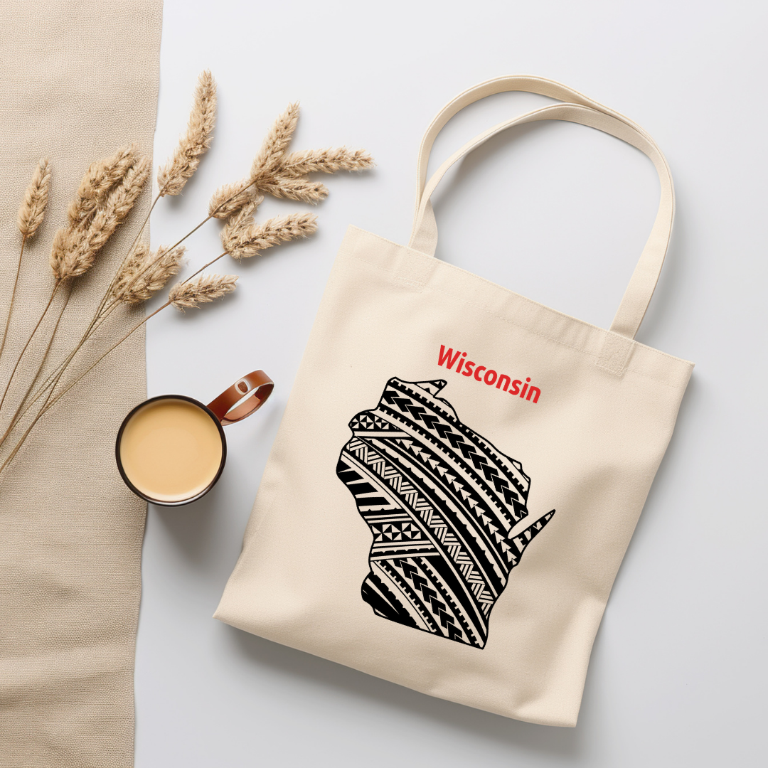 Wisconsin-A double-sided, eco-friendly Polynesian Pride tote bag featuring a tribal map design from the 50 State Tribal Map Collection