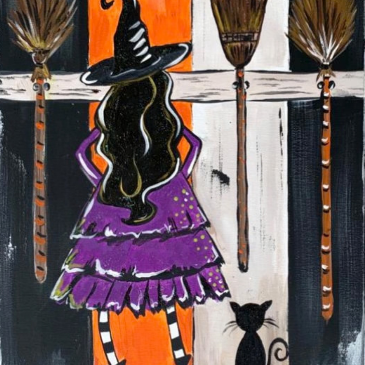 Halloween witch be crazy with her cat and broom paint party kit with purple, black, and orange, and brown colors