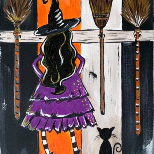 Halloween witch be crazy with her cat and broom paint party kit with purple, black, and orange, and brown colors