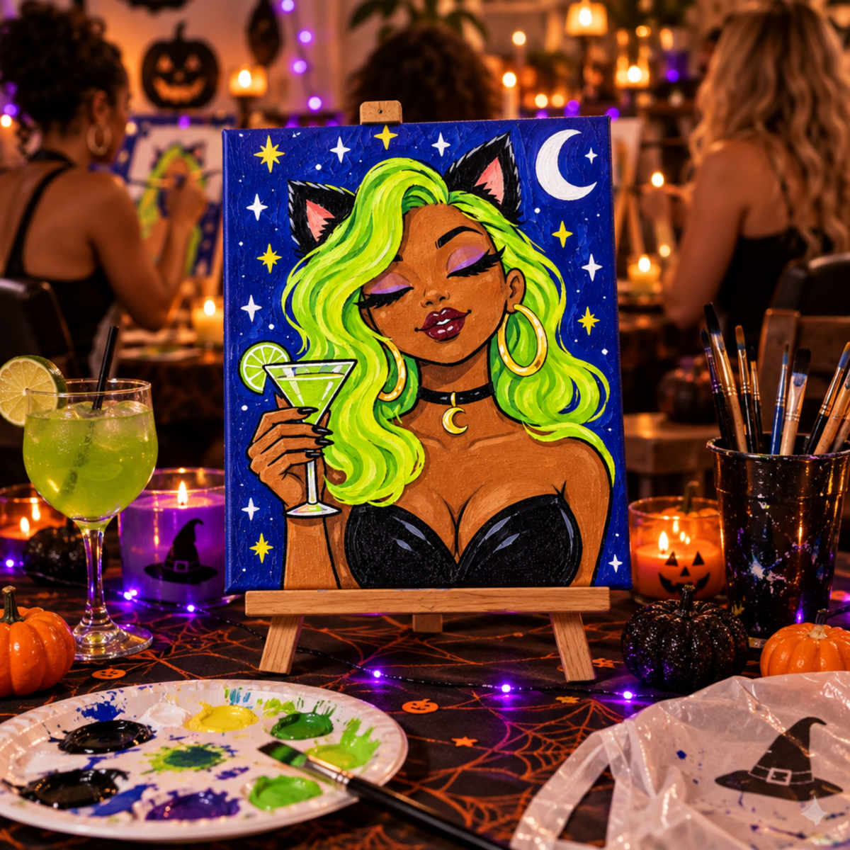 Witch's Brew Halloween Paint Kit finished canvas on an easel at a girls night paint party
