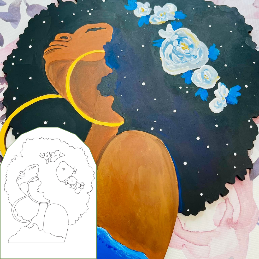 Artistic depiction of a woman with a large afro, flowers, and a yellow headband against a starry night sky perfect for a girls' night paint party