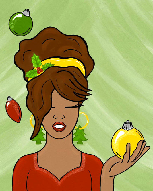 Empowered woman holding Christmas ornament holiday paint party kit