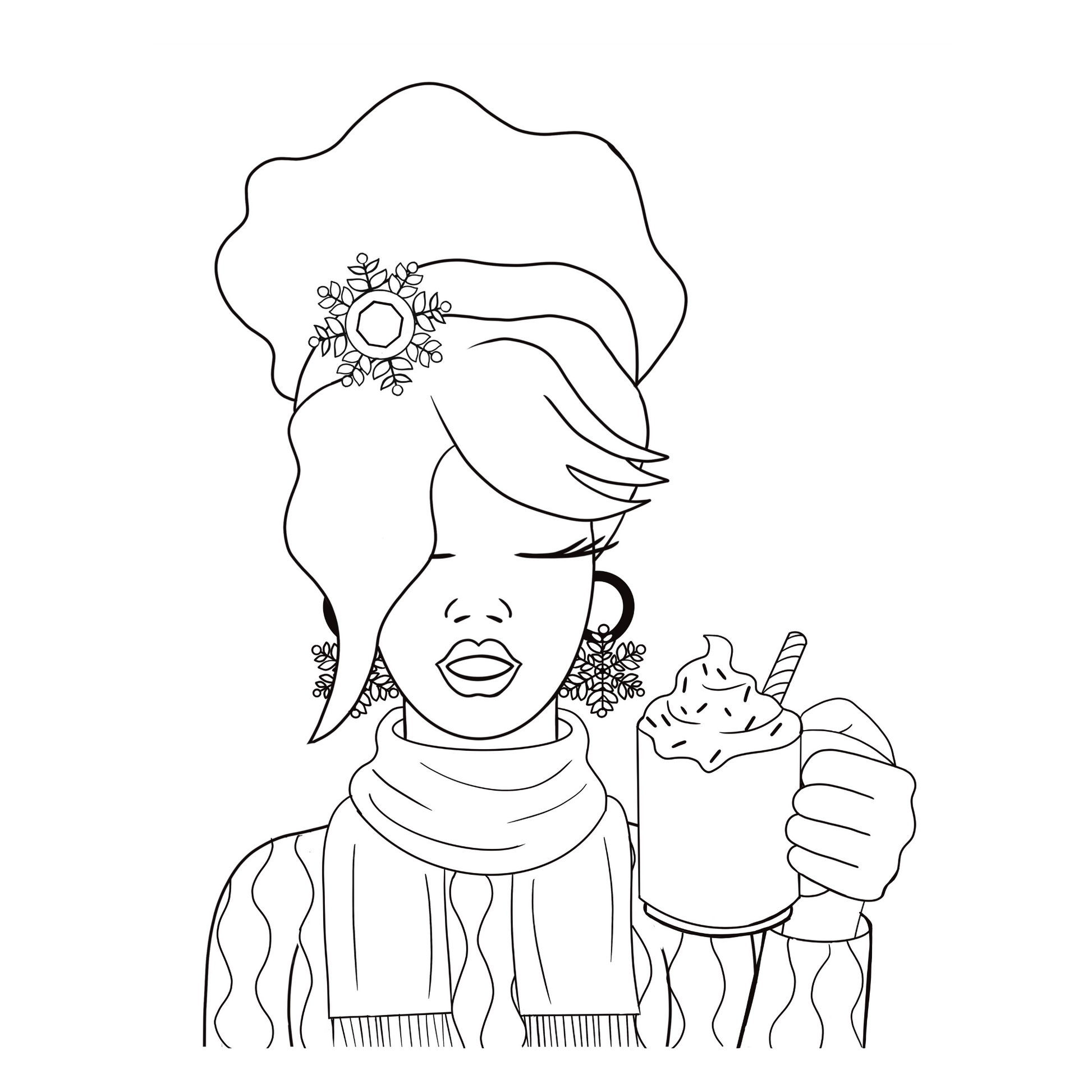 Outline drawing of a person wearing a winter hat and scarf, holding a drink with a straw.