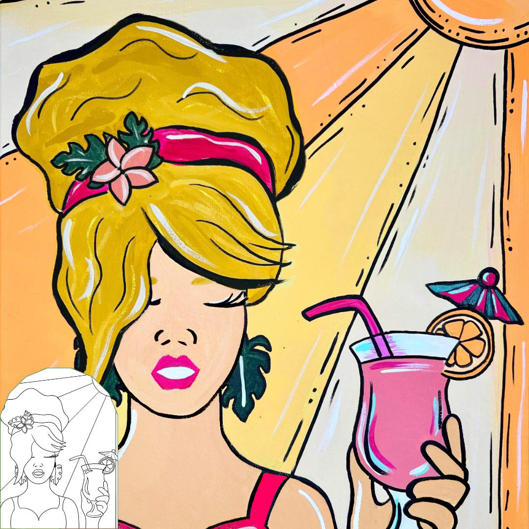 woman with a mai tai drink and floral headband on a summer day perfect for a group ladies paint party