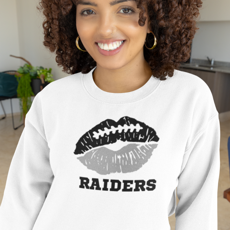 Woman wearing a Las Vegas Raiders NFL game day sweatshirt handcrafted with aloha – Simply Aloha On The Go