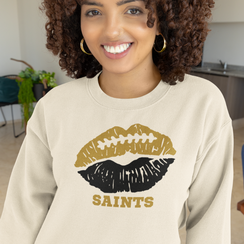 Woman wearing a New Orleans Saints NFL game day sweatshirt handcrafted with aloha – Simply Aloha On The Go
