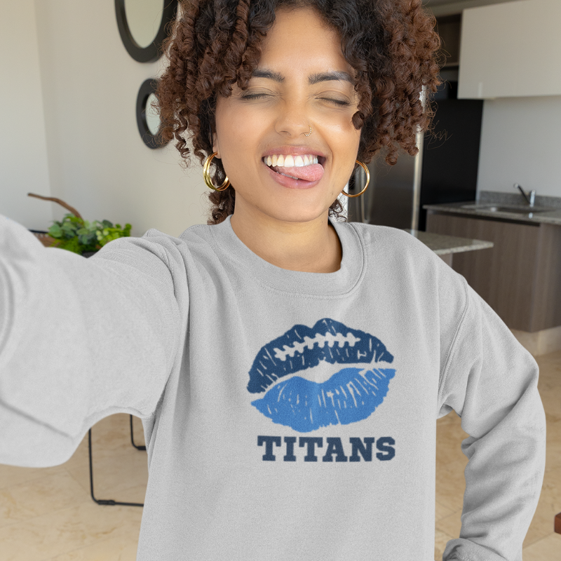 Woman wearing a Texas Titans NFL game day sweatshirt handcrafted with aloha – Simply Aloha On The Go