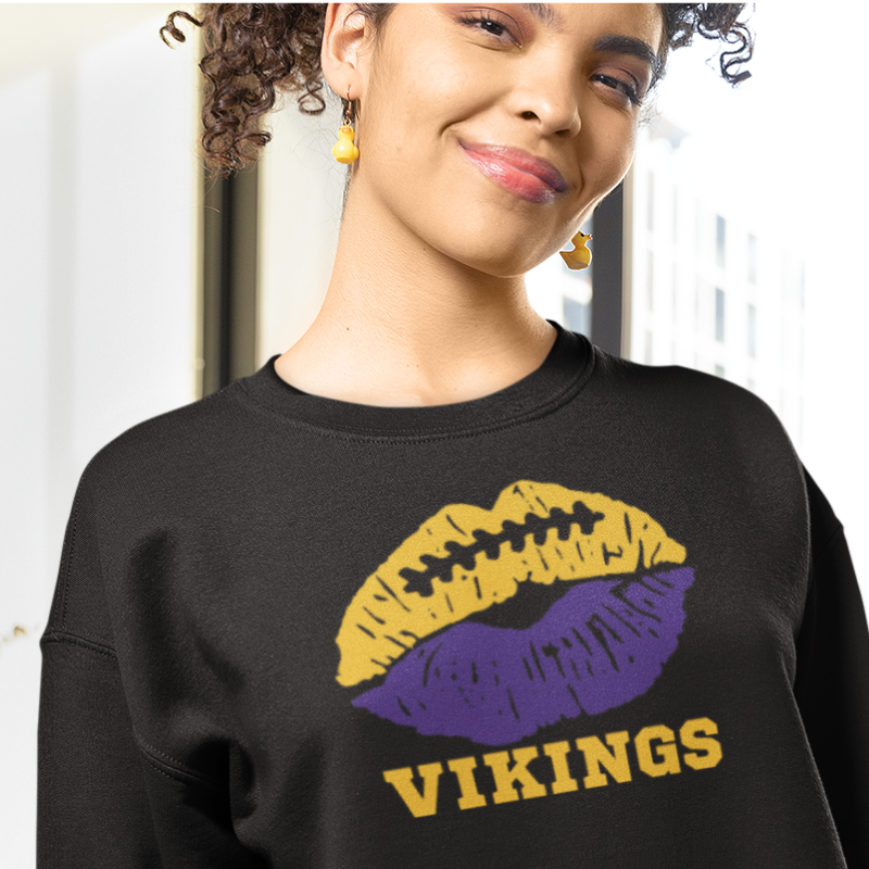 Woman wearing a Minnesota Vikings NFL game day sweatshirt handcrafted with aloha – Simply Aloha On The Go
