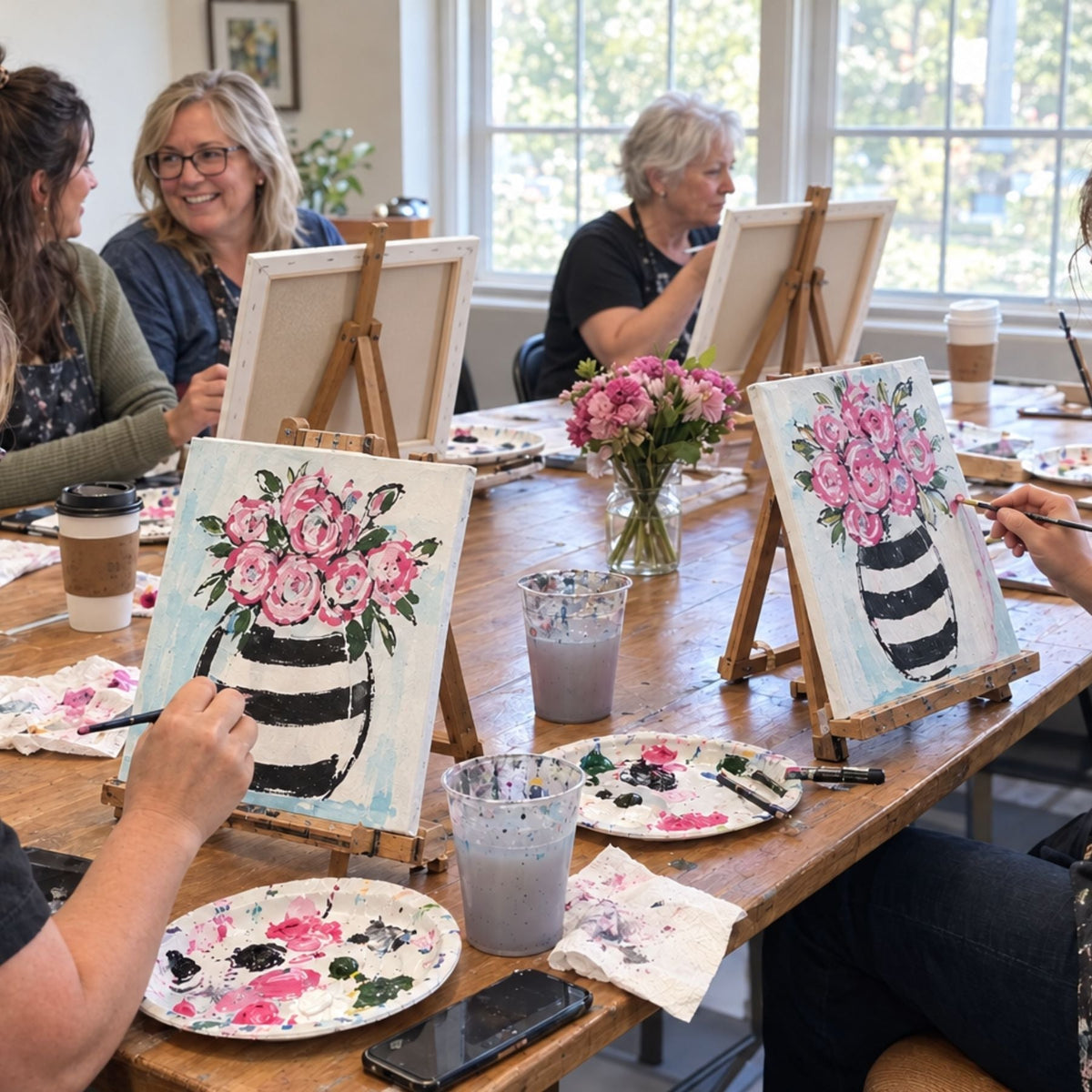 Women’s Paint & Praise Event in Peoria AZ, friends painting floral canvases together