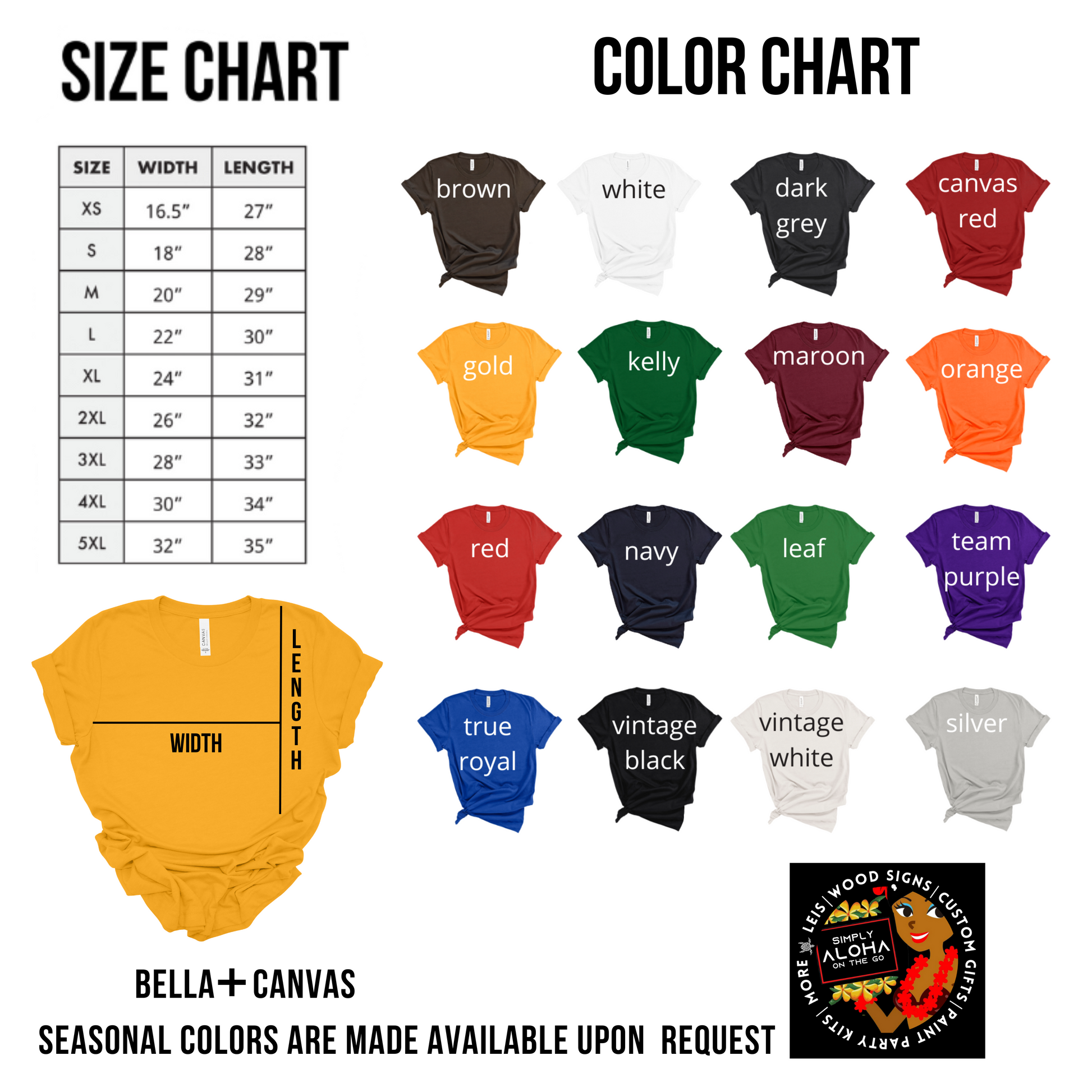 Size and color chart for Bella+Canvas t-shirts with a seasonal colors request note.